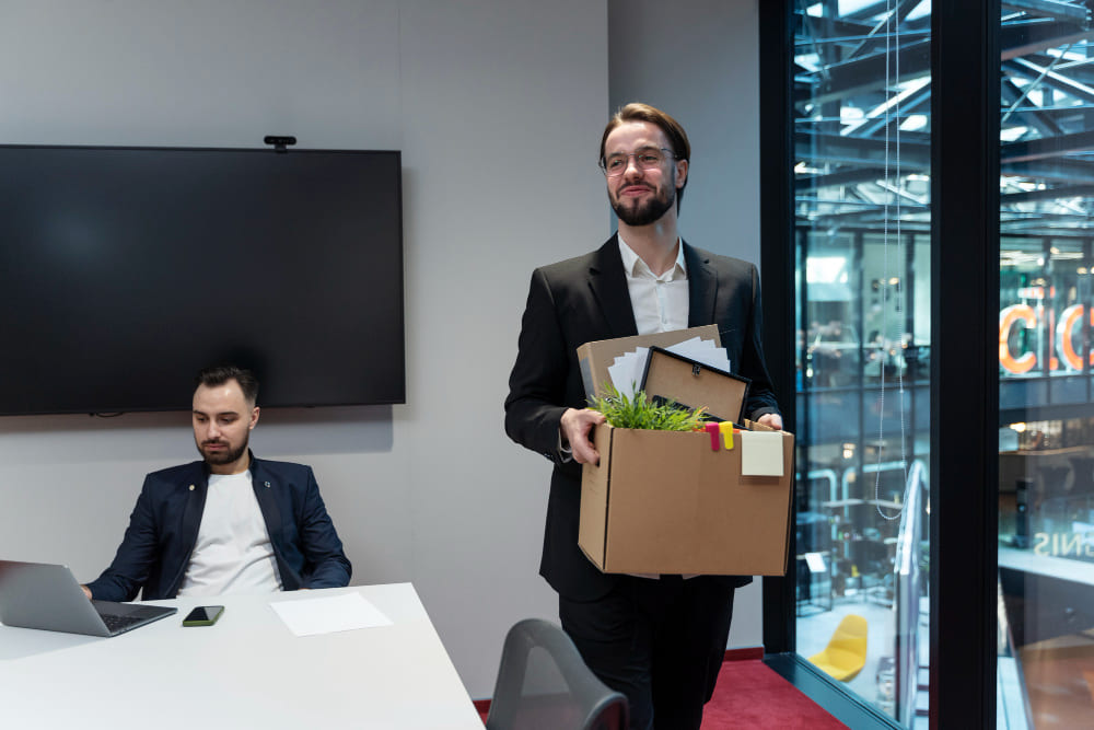 Man komt met kartonnen box het kantoor op