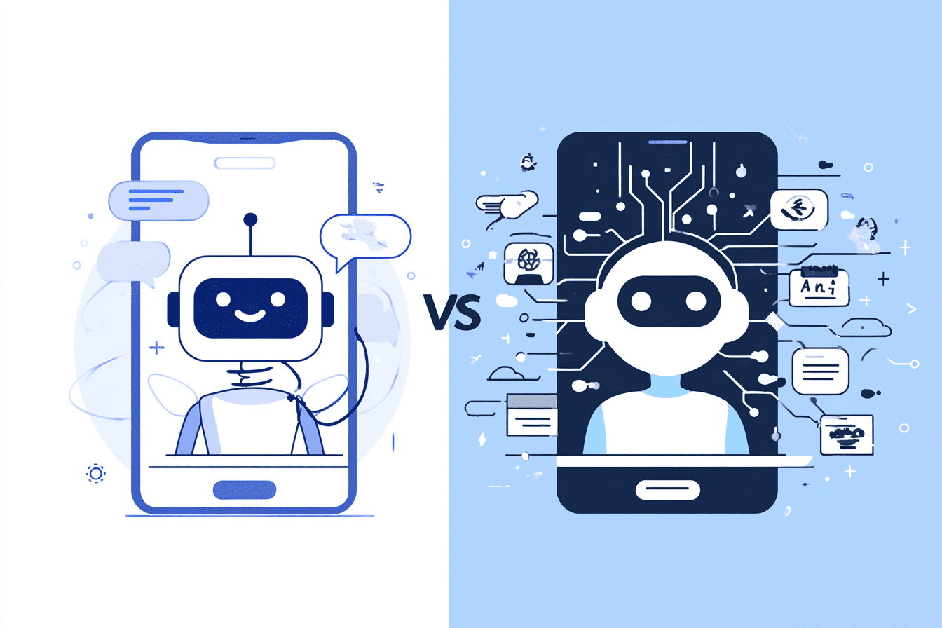 Illustratie die het verschil toont tussen een chatbot en kunstmatige intelligentie, met een gesprek op een scherm en AI-symbolen op de achtergrond.