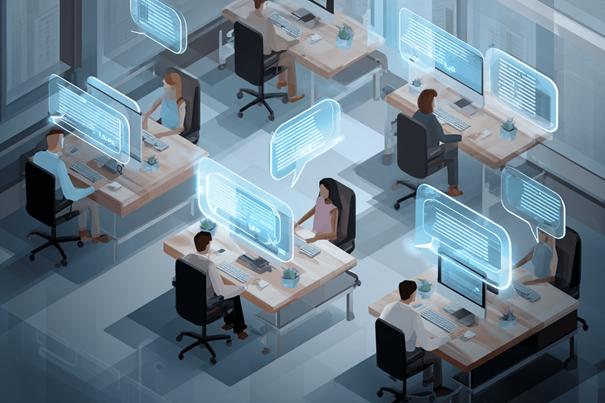 Medewerkers op kantoor die met behulp van een digitale chatbot werken, zichtbaar op hun computerscherm.
