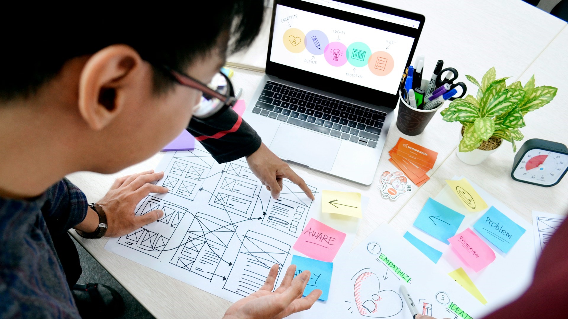 UX en UI ontwerpers bespreken wireframes en gebruikersflows tijdens een webdesignproject