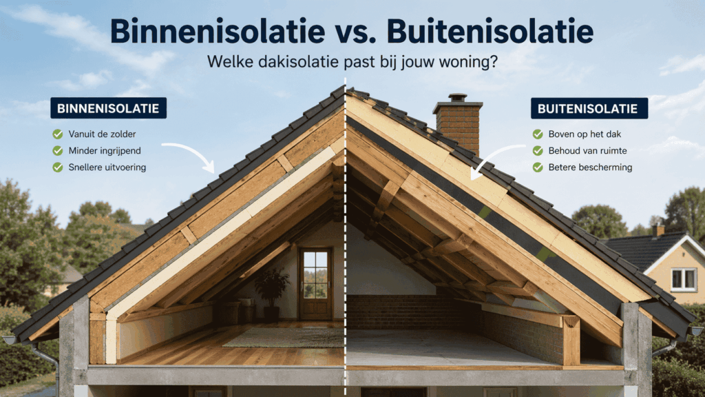 Doorsnede van dak met binnenisolatie van een dak en buitenisolatie naast elkaar weergegeven