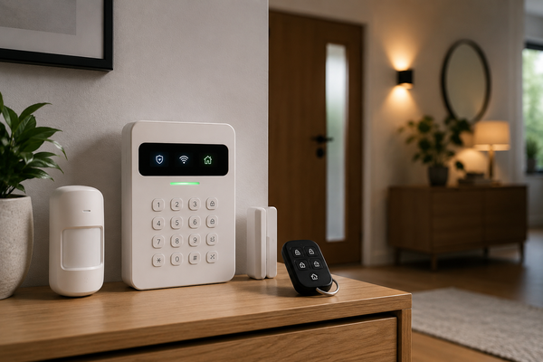 Modern alarmsysteem met bewegingssensor en slimme bediening in een stijlvolle woonkamer met warme verlichting