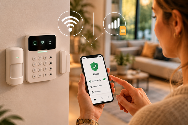 Persoon bedient een slim alarmsysteem via smartphone in een moderne woning met verbonden beveiligingssensoren en mobiele meldingen