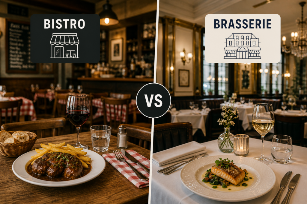 Vergelijking tussen bistro en brasserie met gerechten en tafelschikking die het verschil bistro brasserie toont