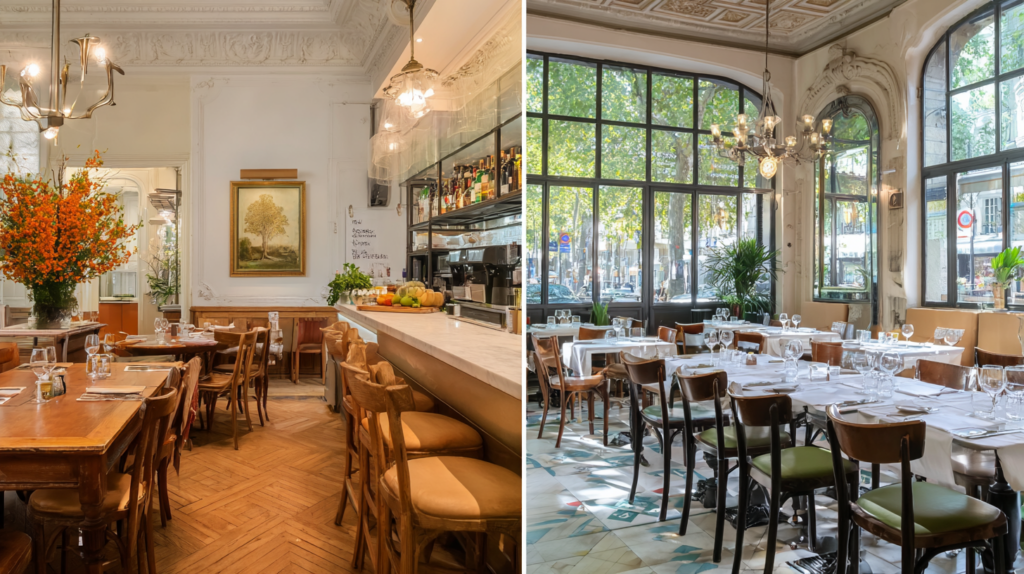Interieur van bistro en brasserie naast elkaar met duidelijk verschil bistro brasserie in ruimte en inrichting