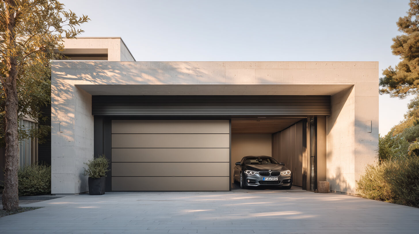 Moderne woning met geopende sectionaaldeur en auto in ruime garage met strakke architectuur