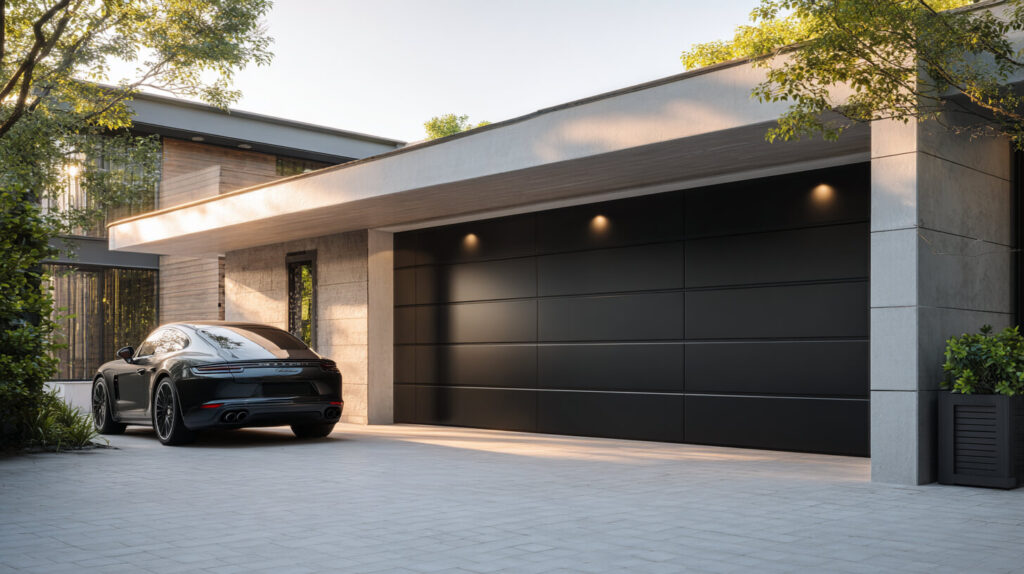 Zwarte sectionaaldeur bij moderne woning met brede oprit en luxe uitstraling
