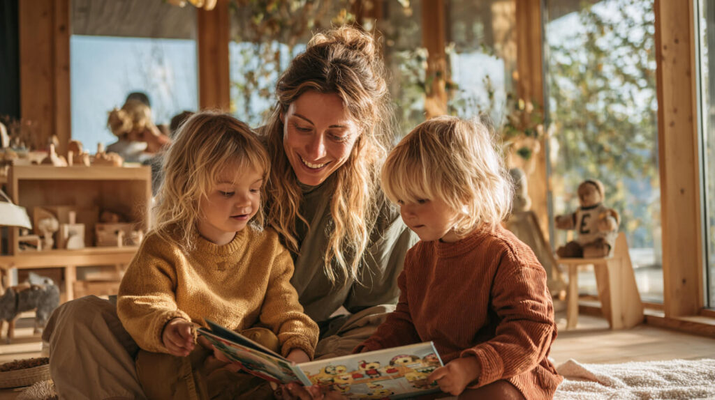 Gastouder leest voor aan twee jonge kinderen met veel persoonlijke aandacht in een huiselijke omgeving