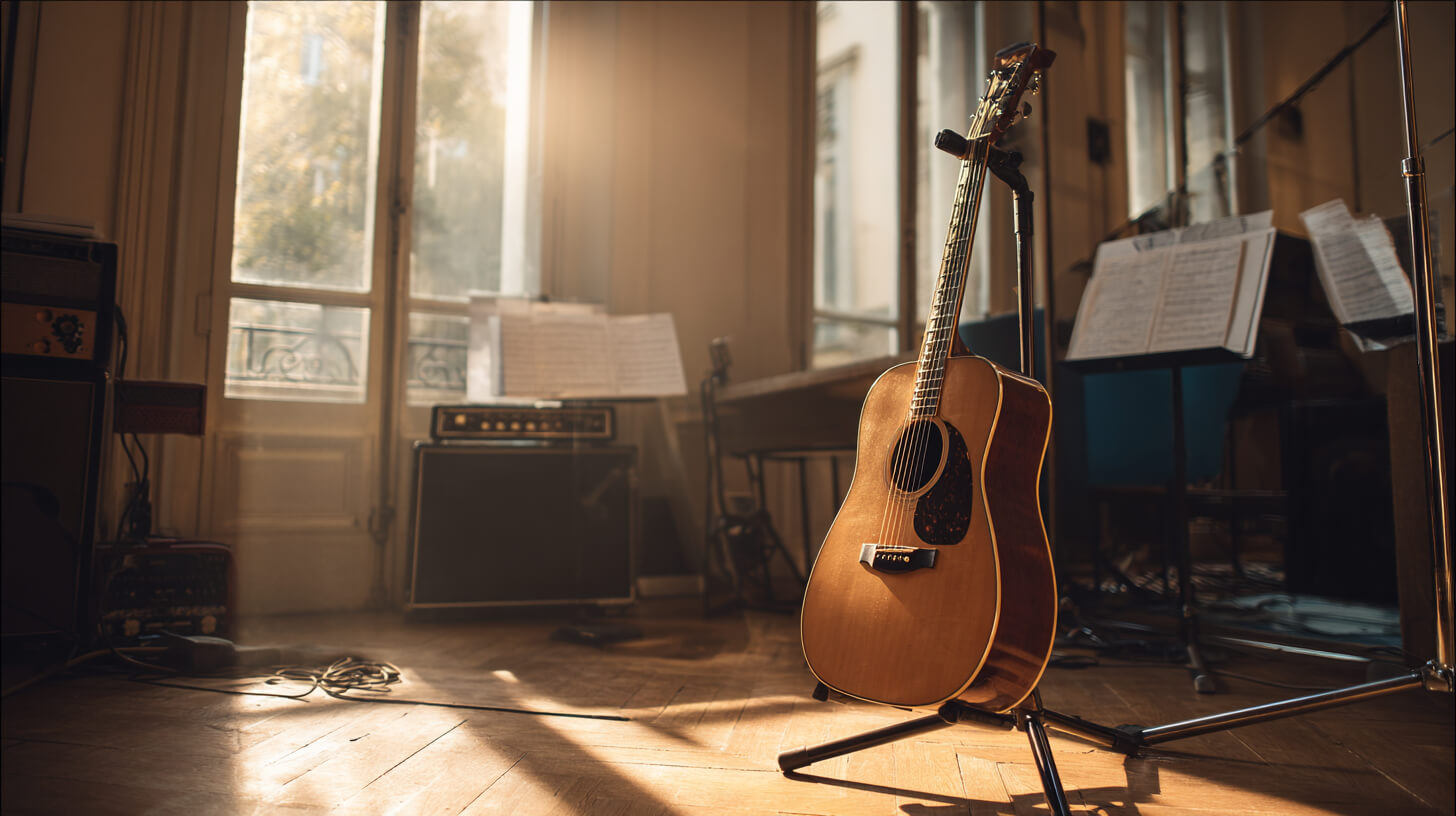 Akoestische gitaar in oefenruimte met focus op het effect van zware snaren op speelgevoel en klank