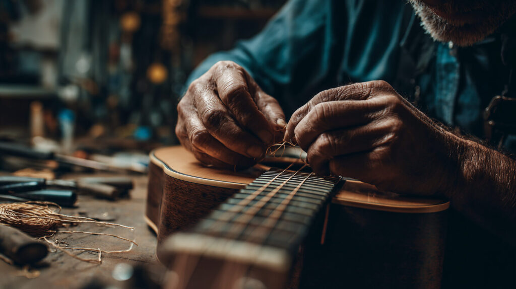 Gitarist vervangt snaren op een akoestische gitaar om de juiste keuze tussen zware snaren en lichte snaren te maken