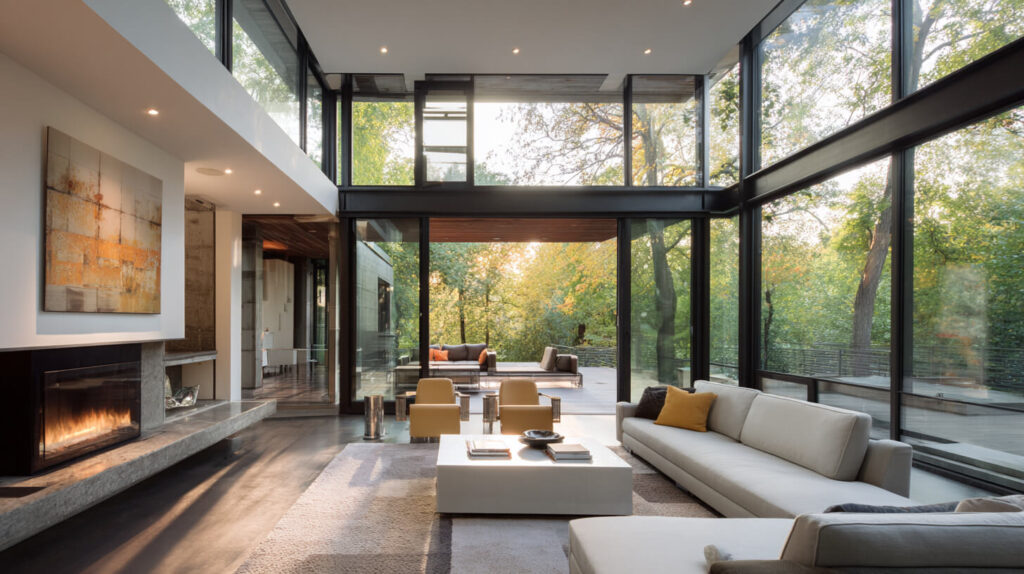 Moderne woonkamer met grote raampartijen voorzien van zonwerend glas voor meer comfort en lichtinval.