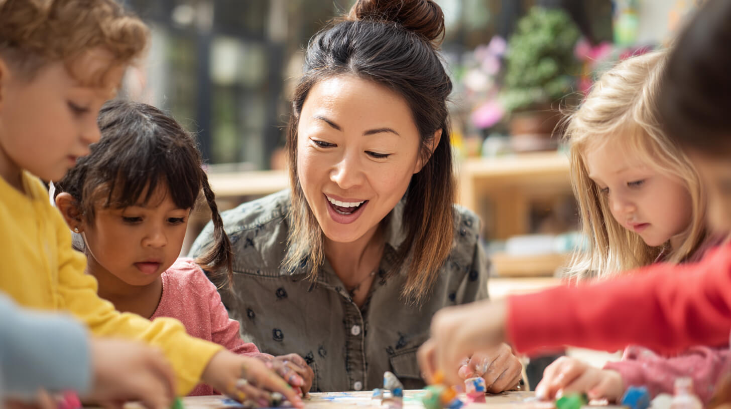 Kinderen knutselen samen aan tafel terwijl een begeleider persoonlijke aandacht biedt tijdens de opvang