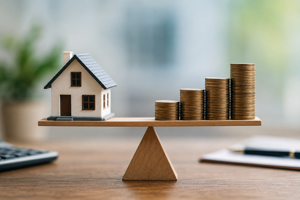 Miniatuurwoning en stapels munten als symbool voor het verschil tussen taxatiewaarde en verkoopwaarde van een huis