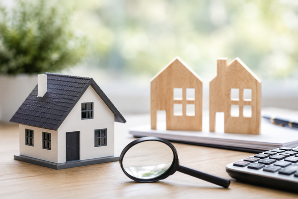 Miniatuurwoning met vergrootglas, calculator en documenten als symbool voor woningtaxatie en waardebepaling van vastgoed