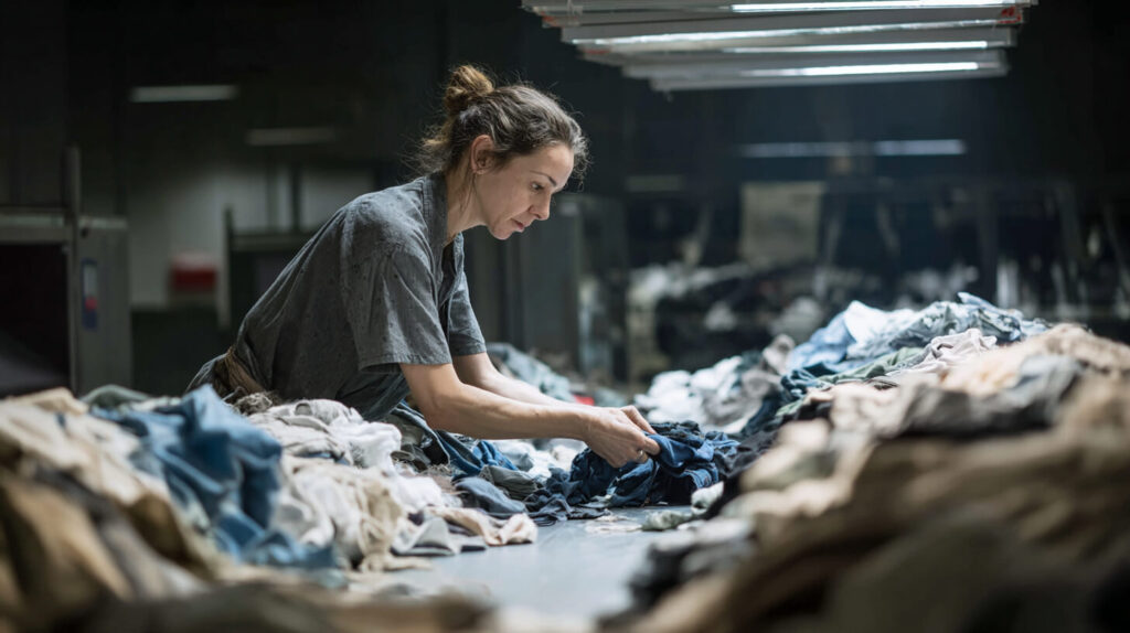 Medewerker sorteert kleding tijdens textielinzameling voor hergebruik en recycling van materialen.