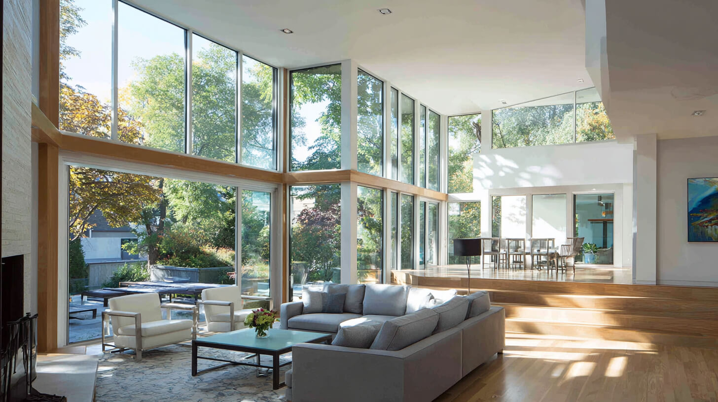 Ruime woning met hoge ramen en zonwerend glas dat helpt om warmte en licht beter te reguleren.