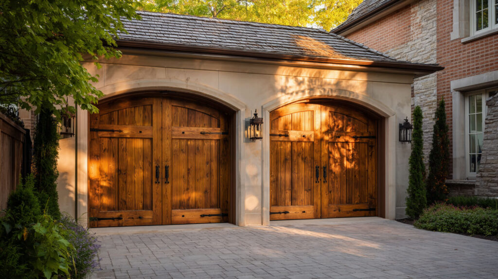 Klassieke houten garagedeuren als alternatief voor een sectionaaldeur bij traditionele woning