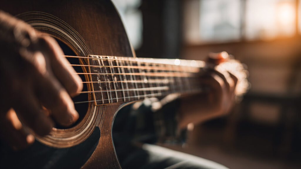 Close-up van een akoestische gitaar tijdens het spelen met zware snaren voor een volle en krachtige toon