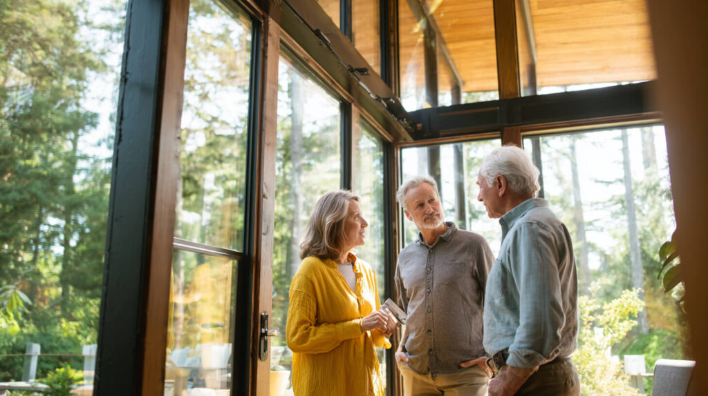 Bewoners bespreken de voordelen van zonwerend glas in een lichte serre met grote ramen en veel daglicht.