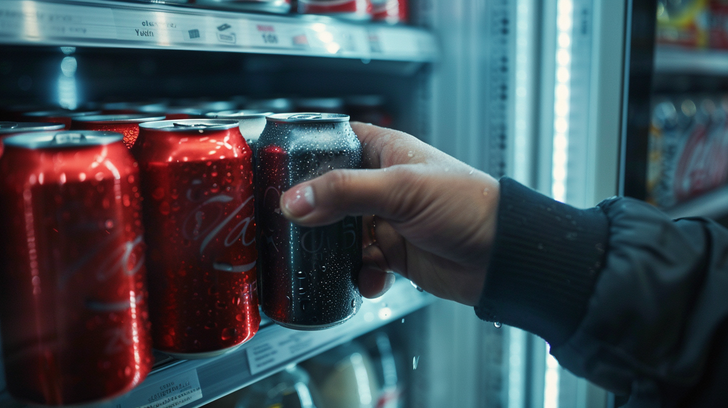 Hand pakt een blikje cola uit een koelschap als keuze tussen cola light en cola zero.