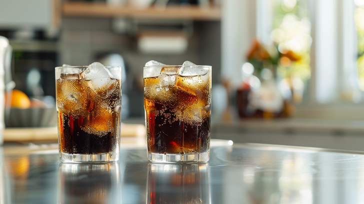 Twee glazen cola met ijsblokjes ter vergelijking van cola light en cola zero.