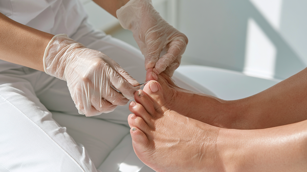 Pedicure controleert teennagels tijdens een professionele voetbehandeling