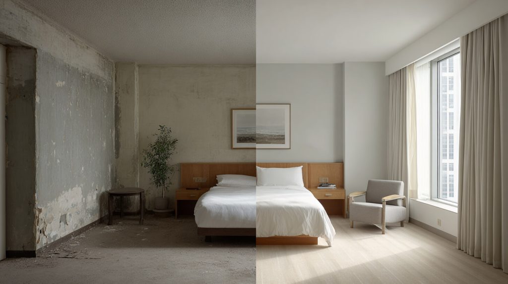 Split-beeld van een hotelkamer die de overgang toont van een verweerde, kale ruimte naar een strak ingerichte kamer met houten bed en fauteuil