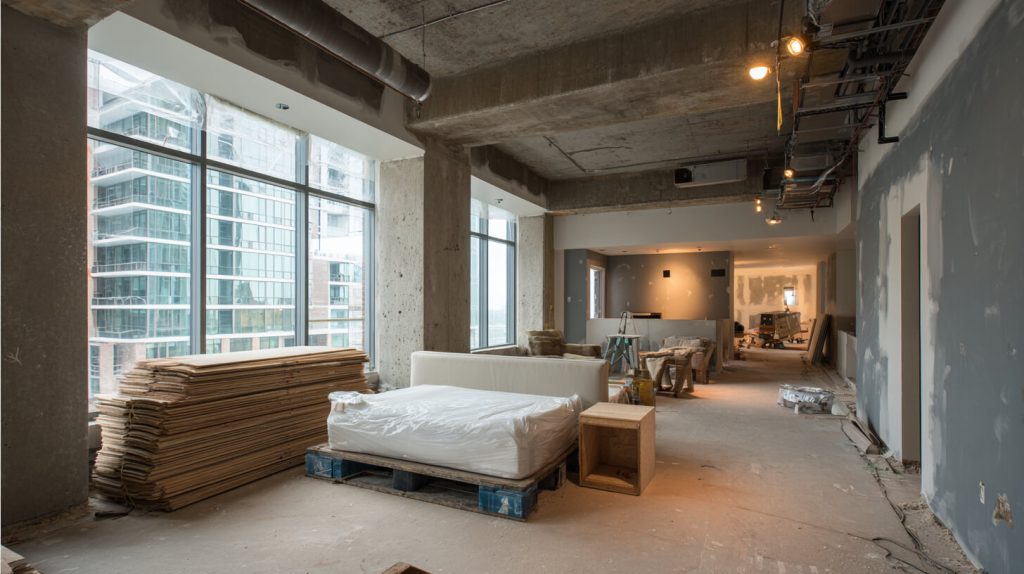 Hotelkamer in aanbouw met blootliggend beton, bouwmateriaal op pallets en werkverlichting tijdens een structurele verbouwing