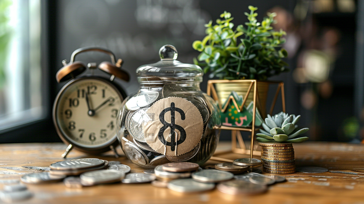 Een pot met munten naast een wekker en een groen plantje op tafel, wat het verschil tussen sparen voor zekerheid en beleggen voor groei symboliseert.
