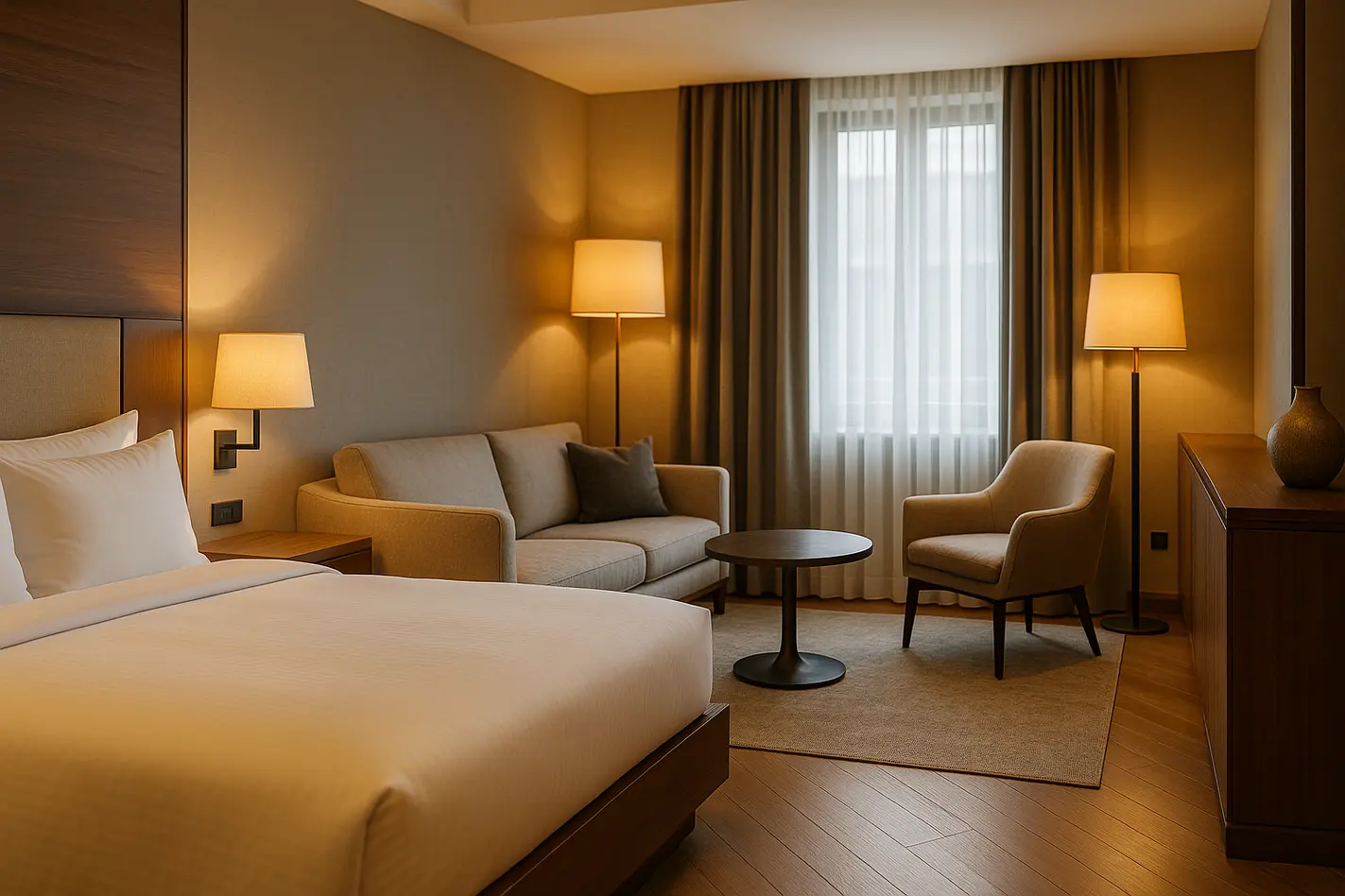 Moderne hotelkamer met elegant meubilair en verfijnde hotelinrichting