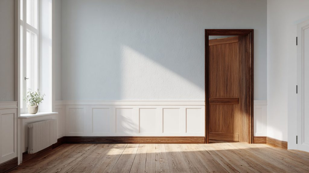 Lichte kamer met witte muur, houten vloer en een openstaande deur met donker gelakt kozijn en paneeldeur