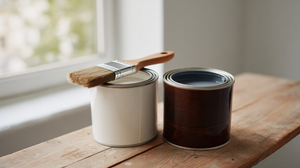 Twee blikken verf naast elkaar op een houten werkbank, één mat wit en één glanzend donker, met een kwast erbovenop