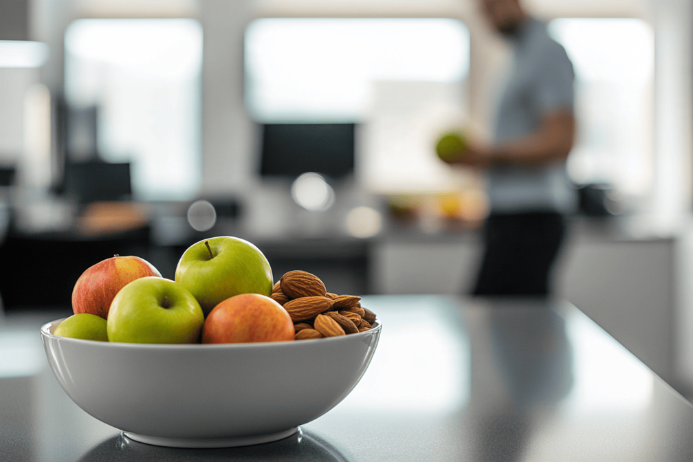 Kom met fruit en noten op kantoor