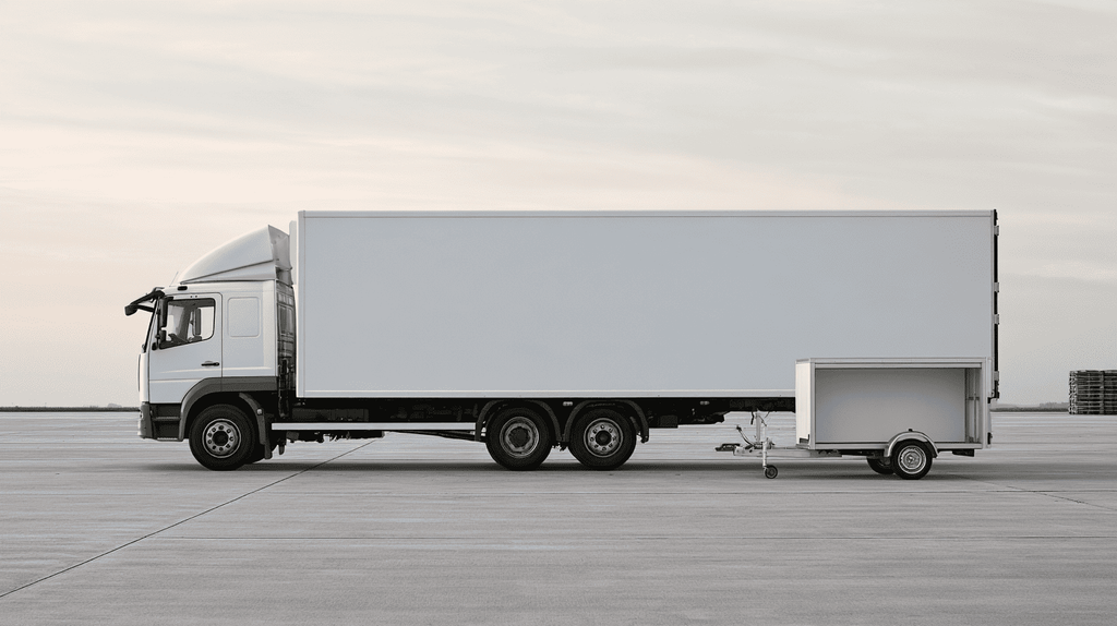 Vrachtwagen en kleine aanhanger naast elkaar op een bedrijventerrein